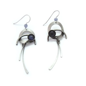 Brushed Silver Purple Catsite Double-dangle Earrings
